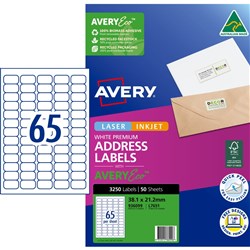 Avery Premium Address Labels White Laser Inkjet AveryEco L7651 38.1x21.2mm 65UP 3250 Lb