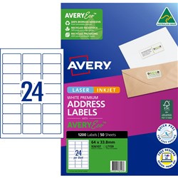 Avery Premium Address Labels White Laser Inkjet AveryEco L7159 64x33.8mm 24UP 1200 Lab