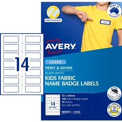 Avery Kids Fabric Name Badge Laser Labels White L7432 72 x 30mm 14UP 140 Labels