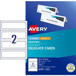 Avery Delegate Cards White L7423 210 x 74.3mm 2UP 50 Cards