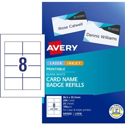 Avery Card Name Badges Refills White L7418 86.5 x 55.5mm 8UP 200 Cards