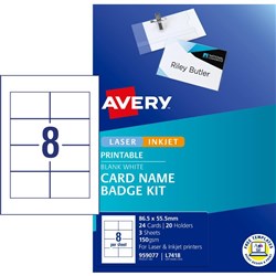 Avery Card Name Badge Kit White L7418 86.5 x 55.5mm 8UP 24 Cards With Clip Pin Holders