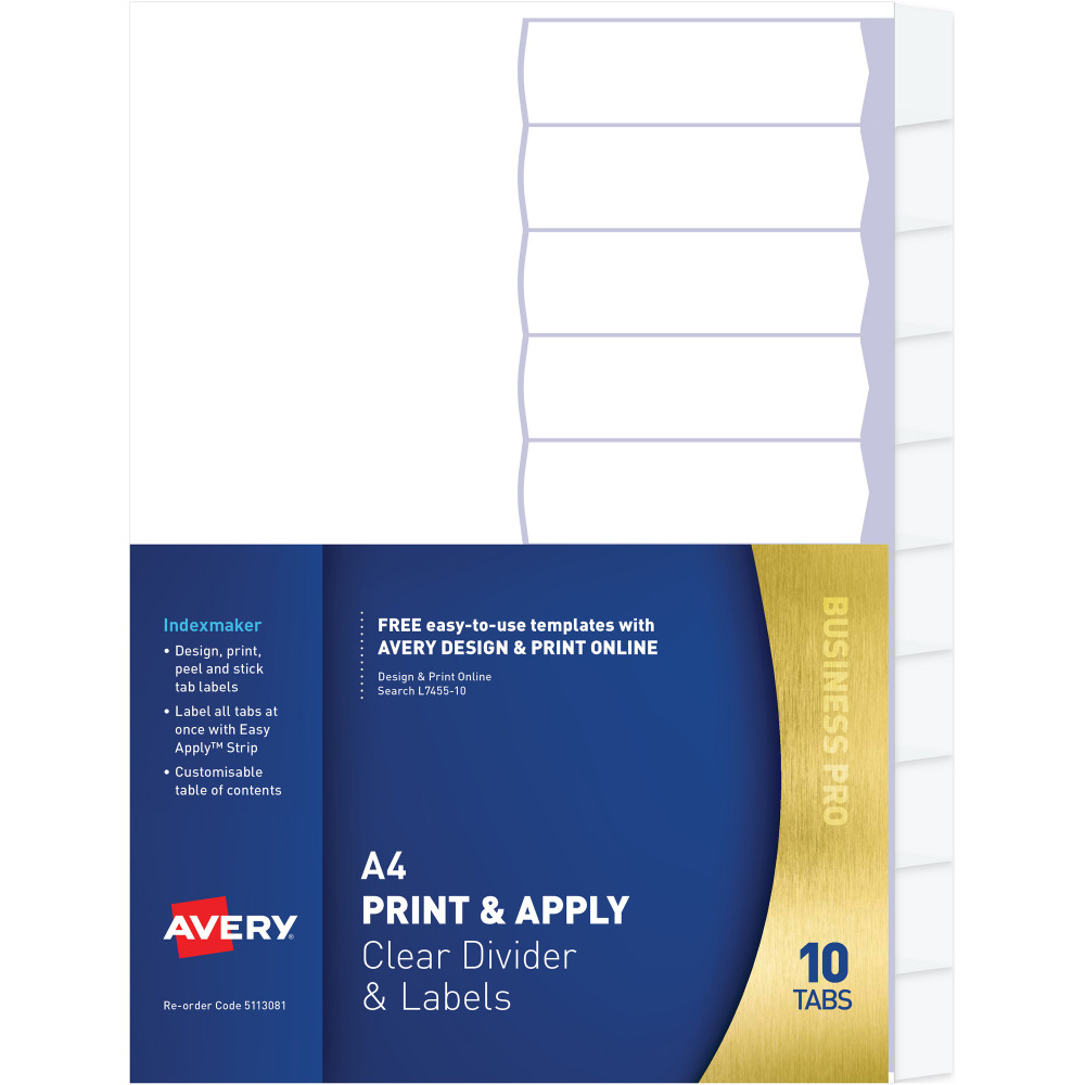 Avery L7455-5 Print & Apply Label Dividers A4 5 Tabs Clear