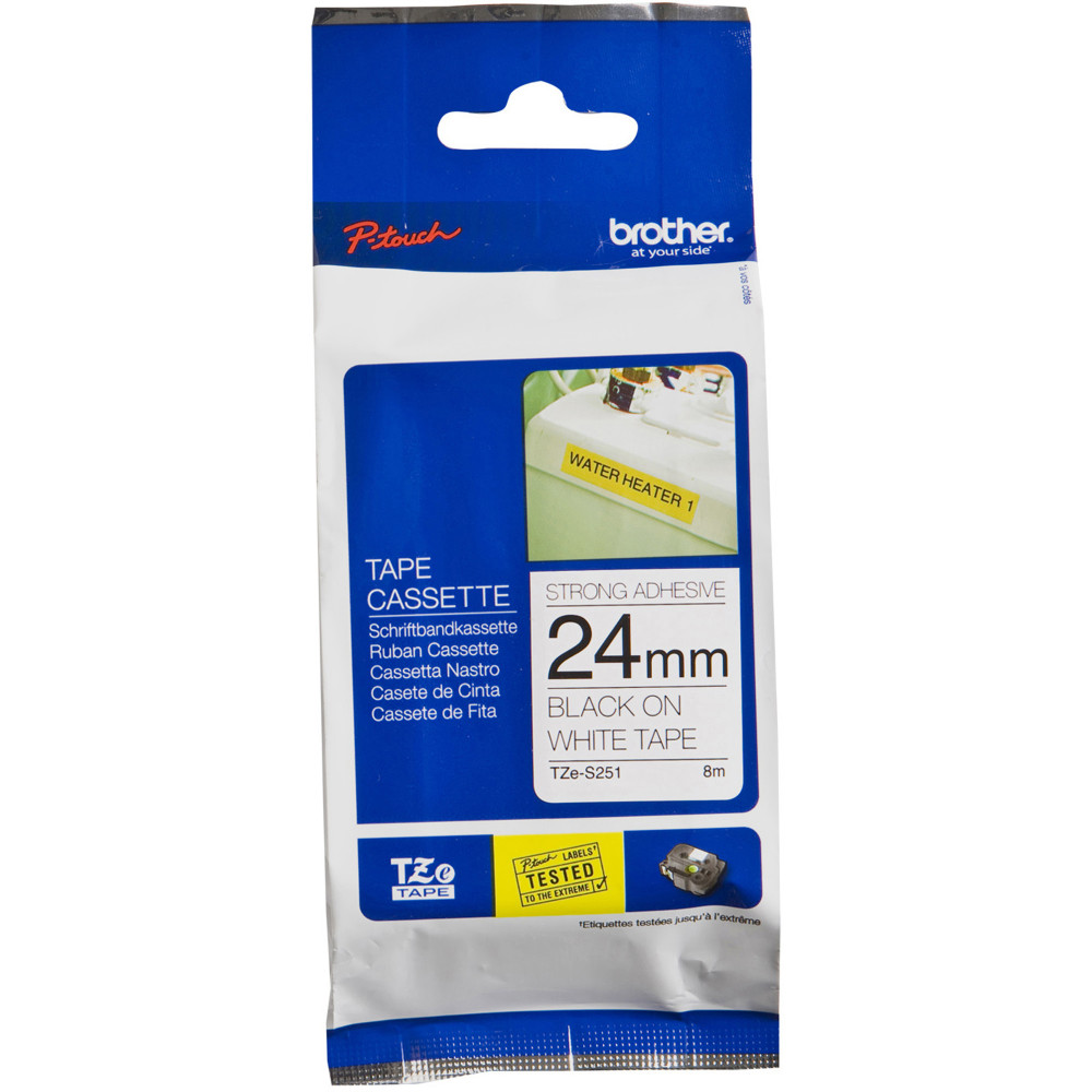 Brother TZE-S251 P-Touch Tape 24mmx8m Black on White Strong Adhesive