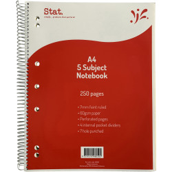 Stat 5 Subject Notebook Spiral A4 7mm Ruled 60gsm 250 Page Red