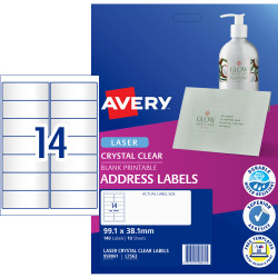 Avery Crystal Clear Laser Address Label 99.1x38.1mm 14UP 140 Labels 10 Sheets