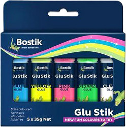 Bostik Glue Stik 35g Large Assorted Rainbow Colours Dries Clear Pack of 5