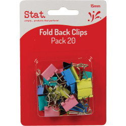 Stat Foldback Clips 15mm Pack of 20 Assorted Colours