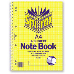 Spirax 606 4 Subject Notebook Perforated/Note Pockets A4 Ruled 320 Page Side Opening