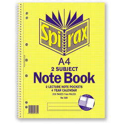 Spirax 605 2 Subject Notebook Perforated/Note Pockets A4 Ruled 250 Page Side Opening