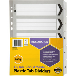 Marbig Plastic Indices & Dividers A4 Reinforced 1-5 Tab Black