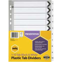 Marbig Plastic Indices & Dividers A4 Reinforced 1-10 Tab Black