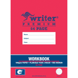 Writer Premium Workbook 330x245mm 64Pg Plain 1 Side/QLD Year 2 Ruled Prawn