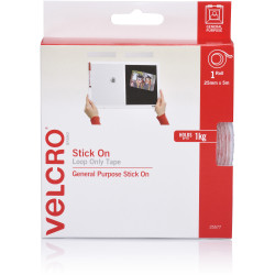 Velcro Brand Stick On Loop Only 25mm x 5m Tape With Dispenser White