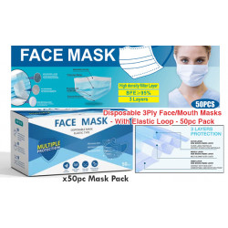 Face Mask Disposable 3 Ply Medical Industrial Box of 50 