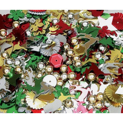 Sequins 25g Multi Christmas: star, reindeer, tree, santa, leaf, flower, gold & silver beads. 8-20mm