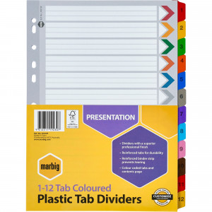 Marbig Plastic Indices & Dividers A4 Reinforced 1-12 Tab Multi Colour