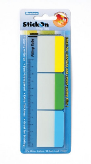 Beautone Stick On Filing Tabs 37x50mm - Yellow, Blue, Green 10's x3