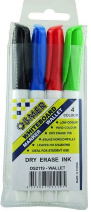Osmer Fine Tip Dry Erase Whiteboard Marker WALLET 4  1.3mm (Red, Green, Blue, Black)