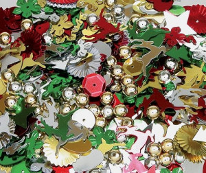 Sequins 25g Multi Christmas: star, reindeer, tree, santa, leaf, flower, gold & silver beads. 8-20mm