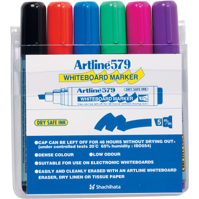 Artline 579 Whiteboard Marker Chisel 2-5mm Assorted Colours Pack Of 6
