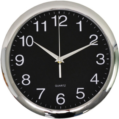 Italplast Wall Clock 30cm Round With Large Numbers Chrome Frame Black Face