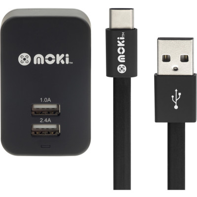 Moki Type-C SynCharge Cable With Wall Charger Black C Cable + Wall Charger